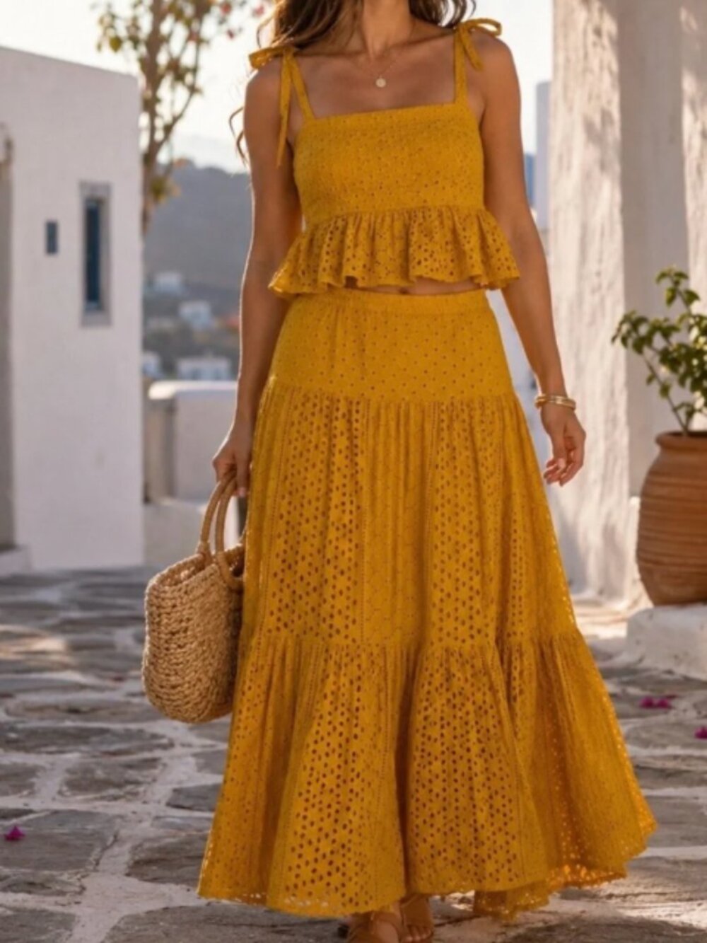 House of Harlow 1960 Mustard Eyelet Crop Peplum Top Maxi Skirt Set - Size S